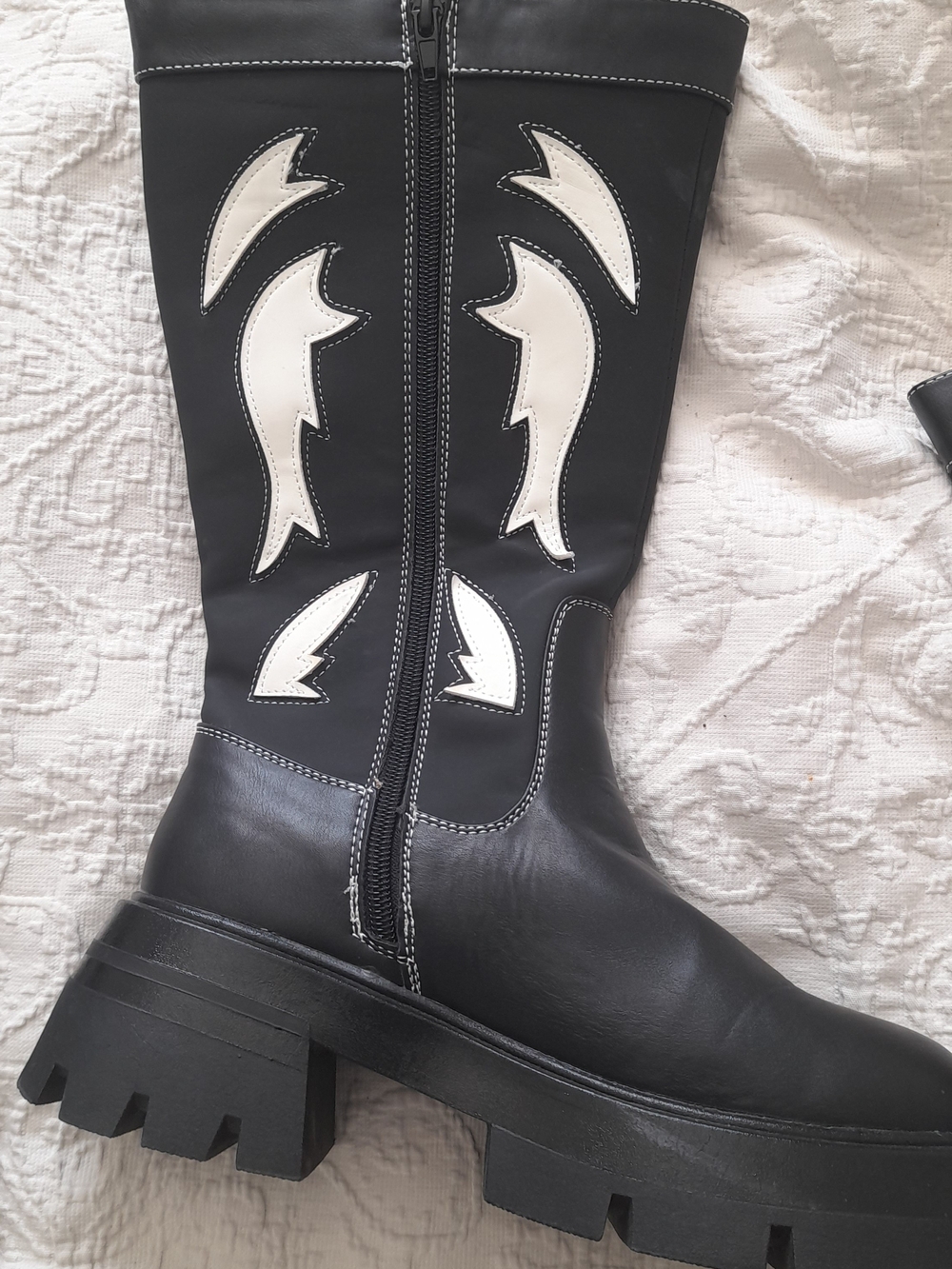 Nasty Gal Black Knee Boot with White Appliqué Stitching